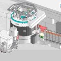 obr. 2 - Design spektrometru ThALES. (1) – neutronovod, (2) – optické prvky (kolimátory, rychlostní selektor) na vstupu do monochromátoru, (3) – stínění monochromátoru, (4) – stolek vzorku s kryomagnetem, (5) – sestava analyzátoru a detektoru.